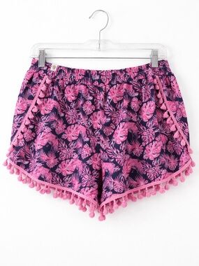 Simply Southern Navy and Pink Tropical Pom-Trim Shorts